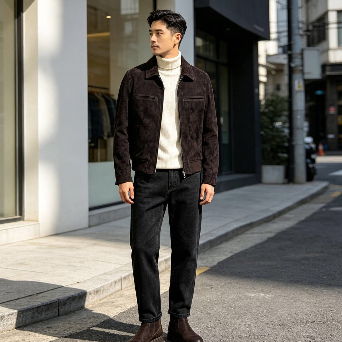 A man stands on a city sidewalk wearing a dark brown suede jacket over a cream turtleneck sweater, black jeans, and brown boots.