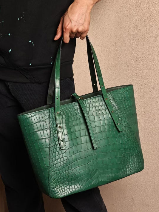 Unisex Genuine Crocodile Skin Leather Large Tote Shoulder Bag