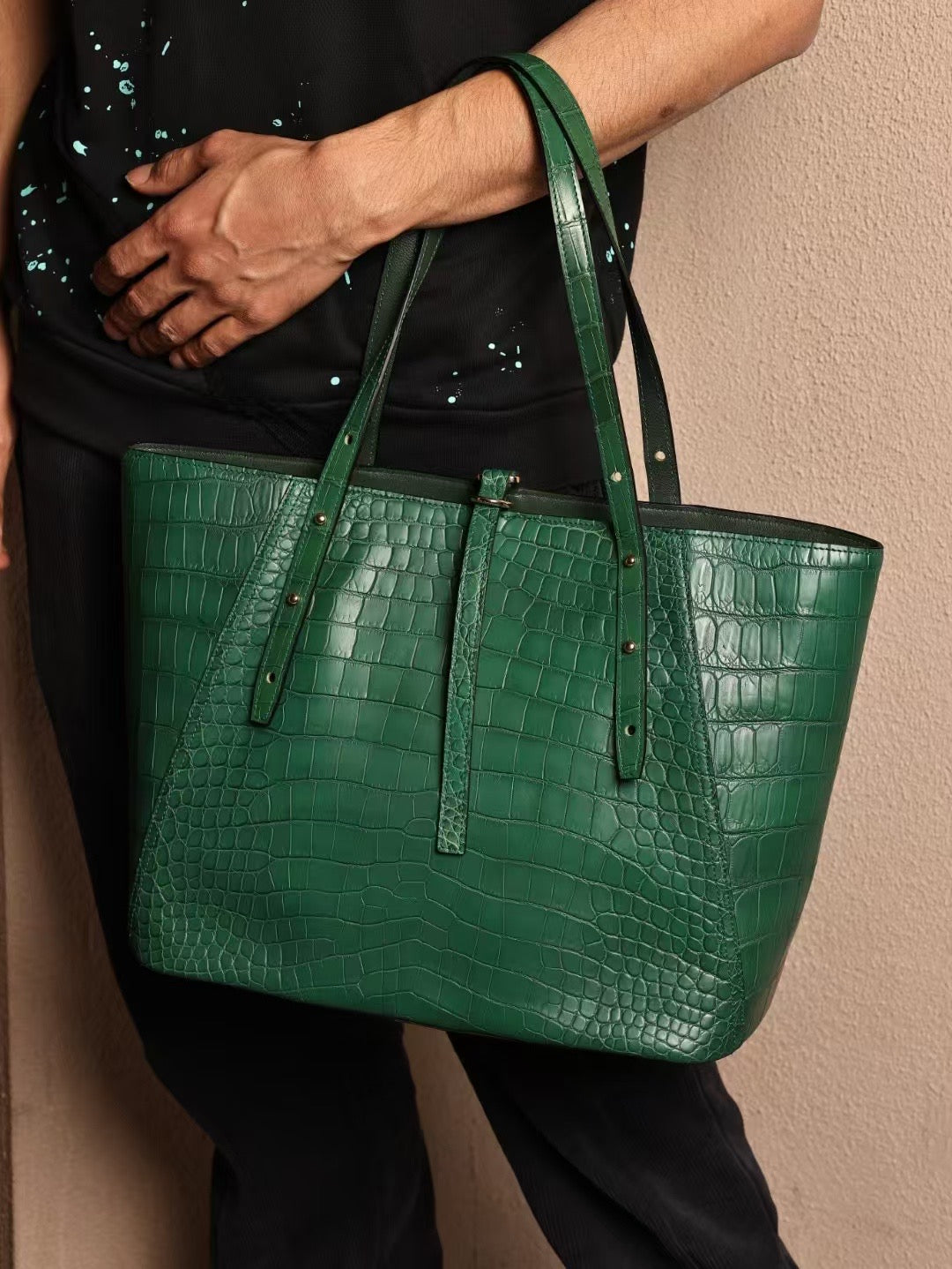 Unisex Genuine Crocodile Skin Leather Large Tote Shoulder Bag