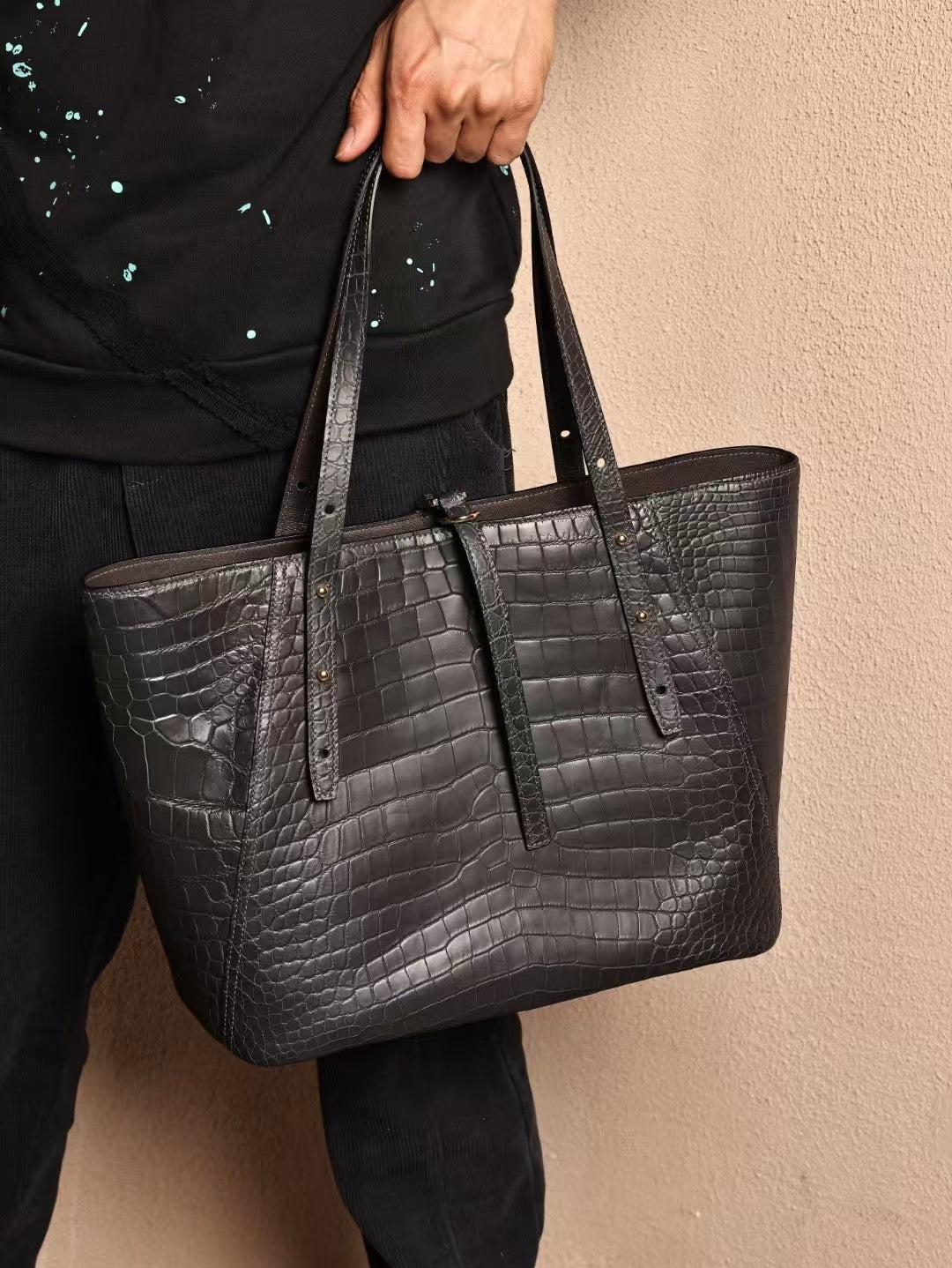 Unisex Genuine Crocodile Skin Leather Large Tote Shoulder Bag
