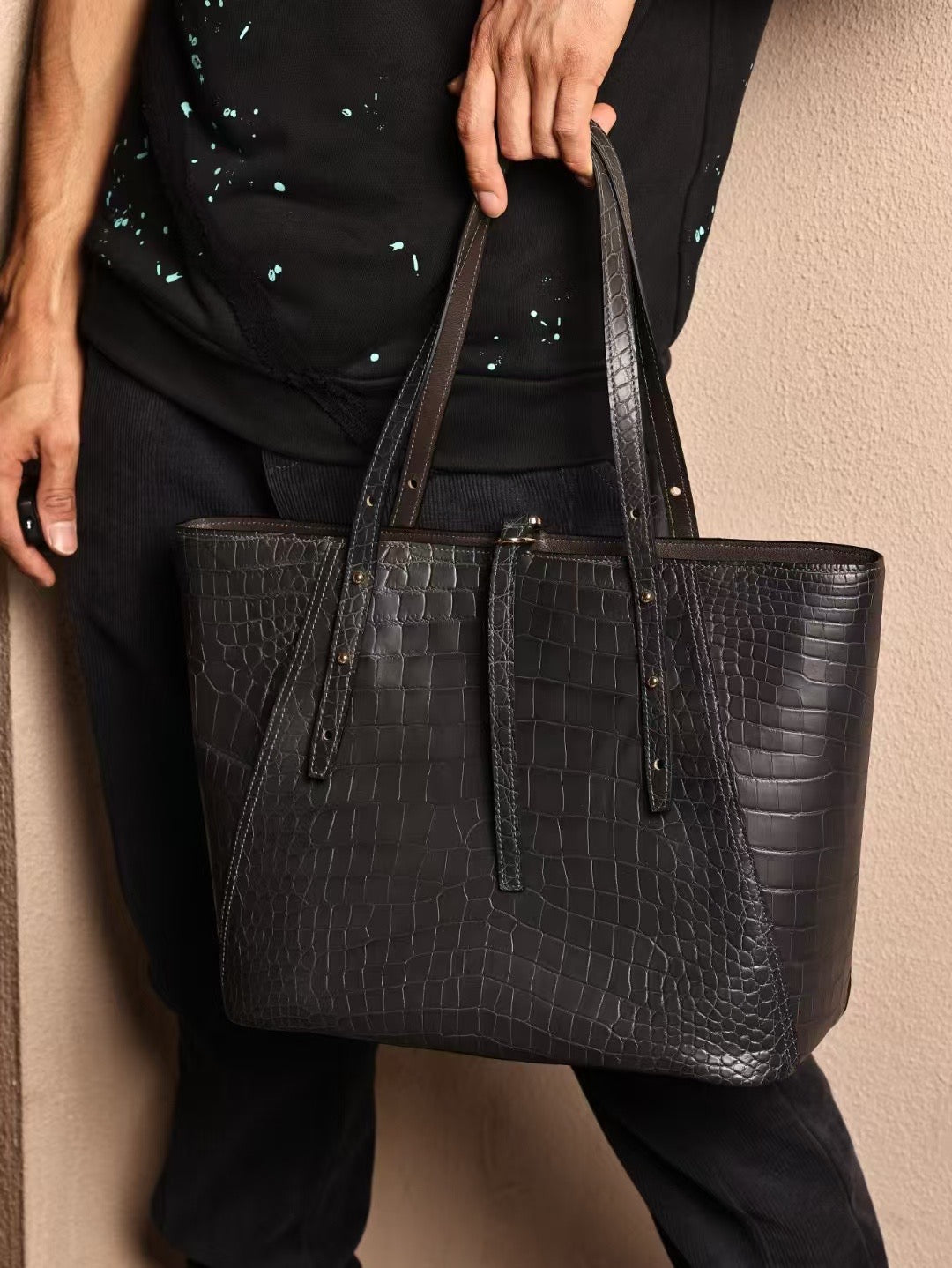 Unisex Genuine Crocodile Skin Leather Large Tote Shoulder Bag