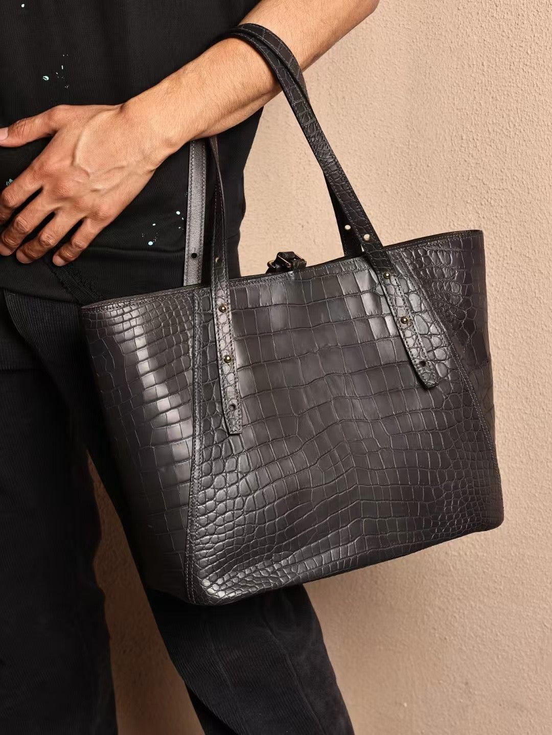 Unisex Genuine Crocodile Skin Leather Large Tote Shoulder Bag
