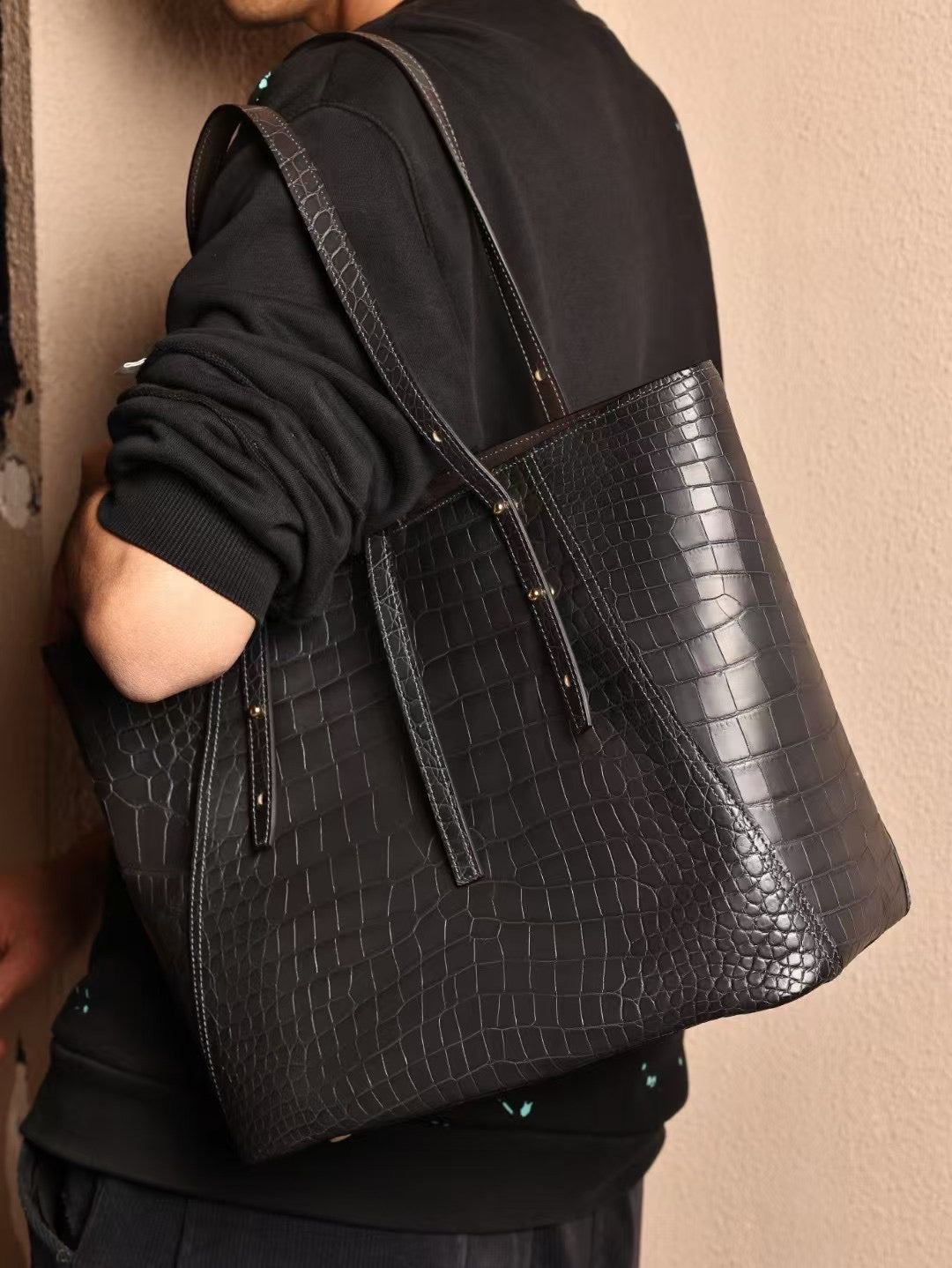 Unisex Genuine Crocodile Skin Leather Large Tote Shoulder Bag