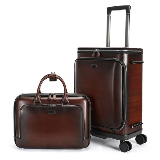 Unisex Genuine Vintage Calfskin Leather Check-In Carry On Universal Wheel 20 Inch Travelling Trolley Luggage Business Trolley Bag With Briefcase