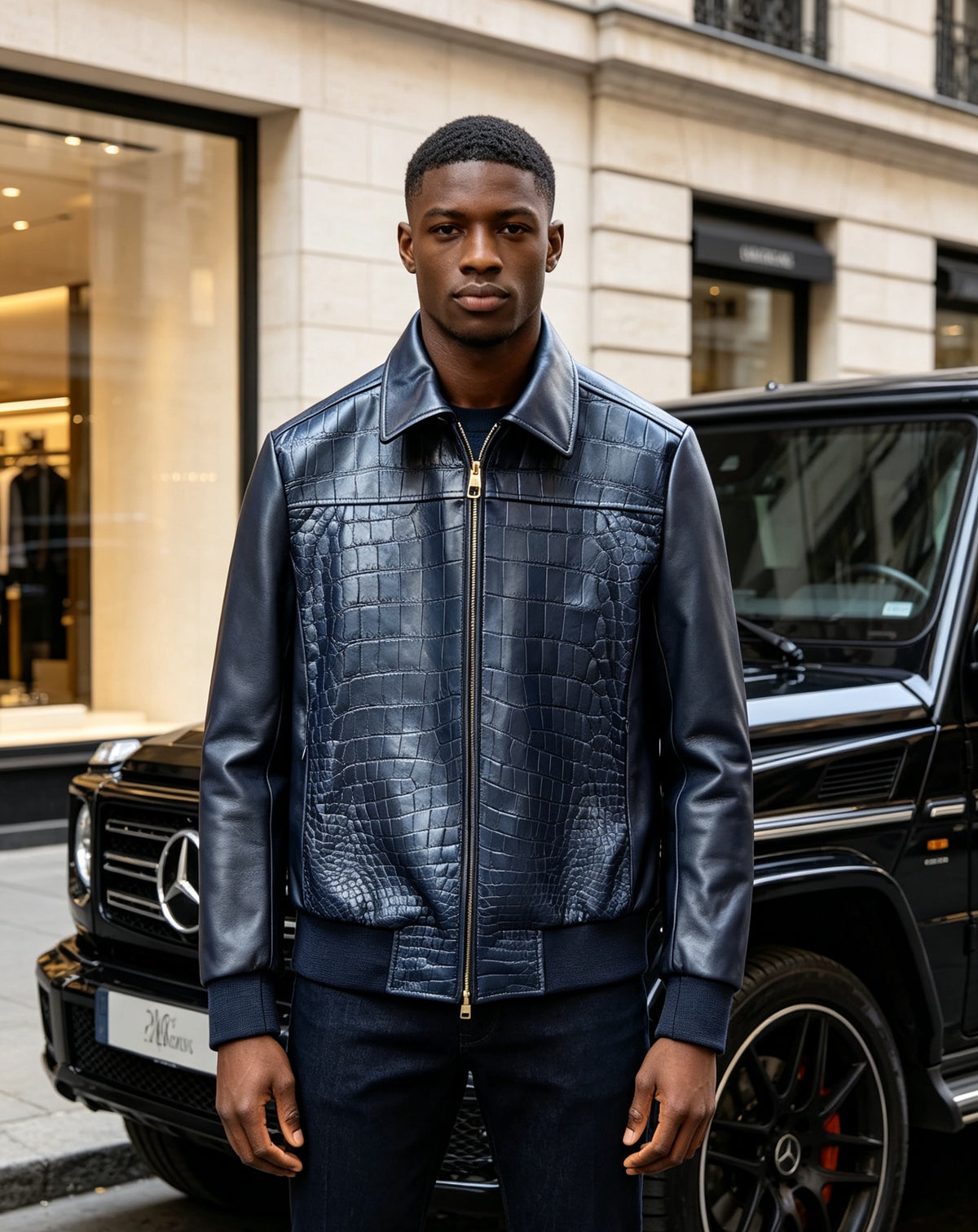 Crocodile & Lambskin Leather Jacket Dark Blue