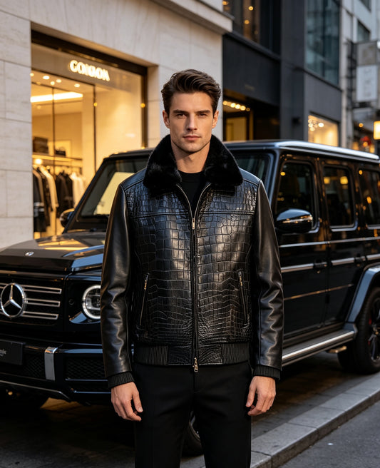 Black crocodile and lambskin leather jacket by Rossie Viren, featuring a sleek design and textured detailing.