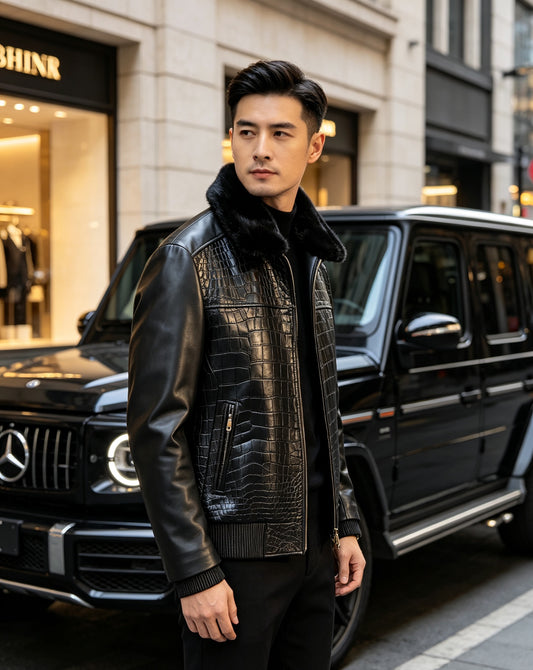 Black crocodile and lambskin leather jacket by Rossie Viren, showcasing its textured crocodile pattern and sleek design.
