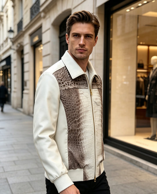 Rossie Viren Himalayan crocodile and lambskin leather jacket displayed on a hanger, showcasing the luxurious texture and craftsmanship.