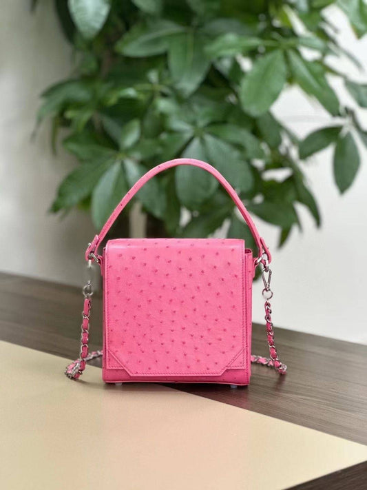 Ostrich Leather Top Handle Cross Body Bag Pink