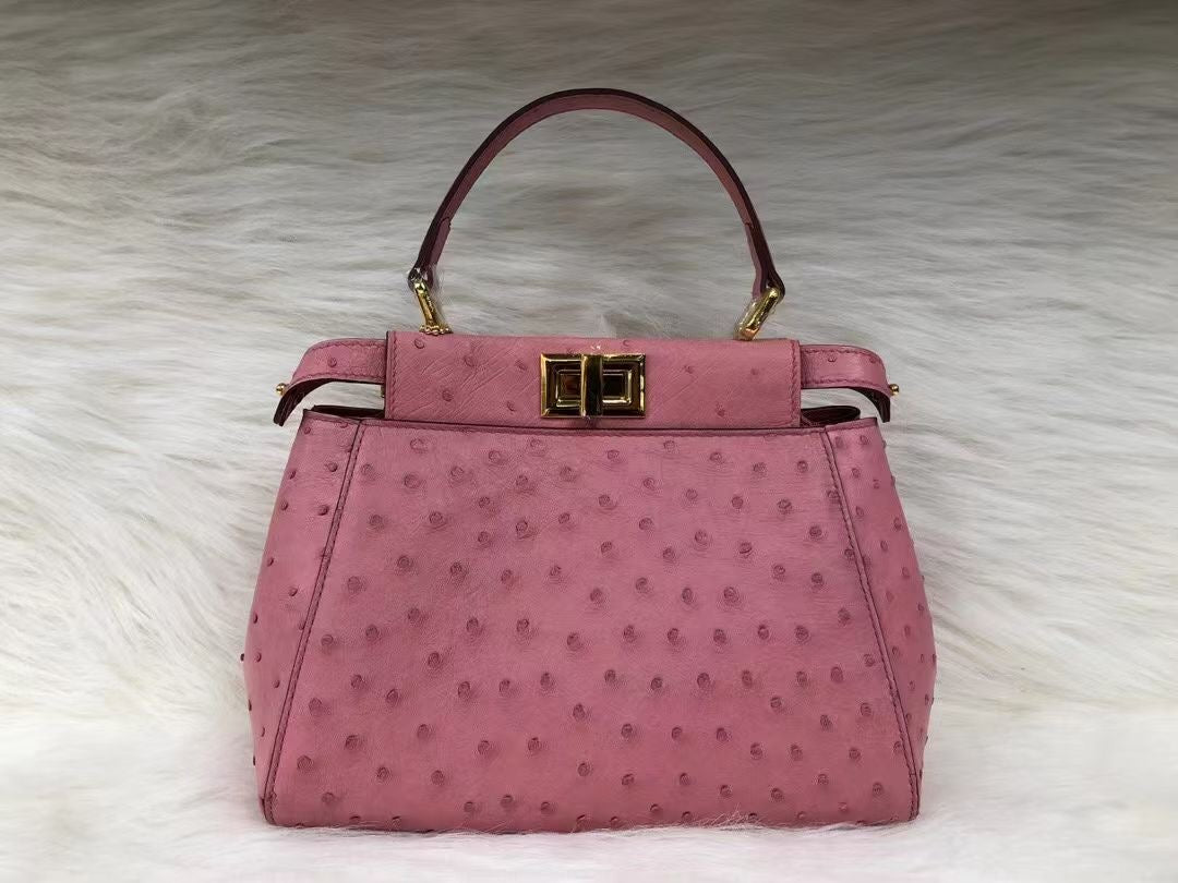 Womens Ostrich Leather Small Top Handle Cross Body Bag