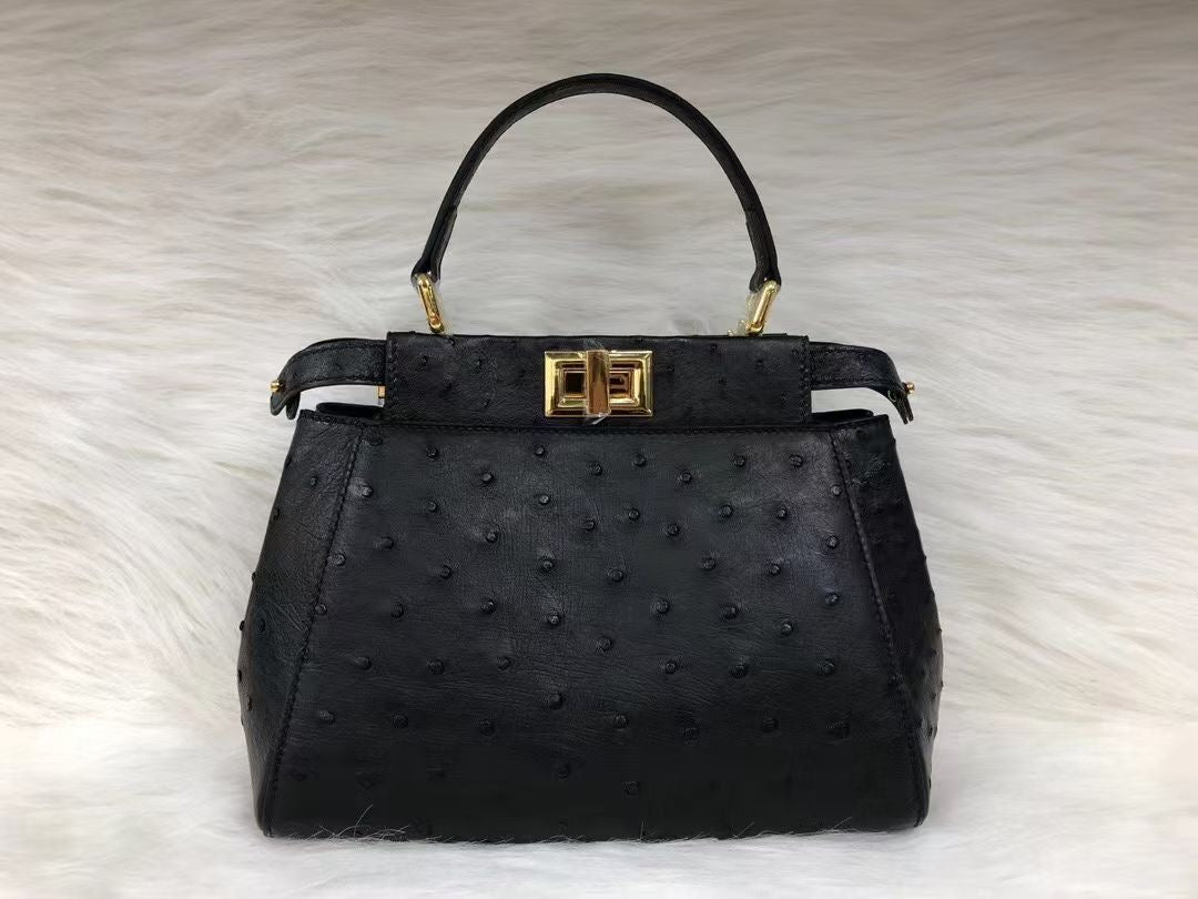 Womens Ostrich Leather Small Top Handle Cross Body Bag