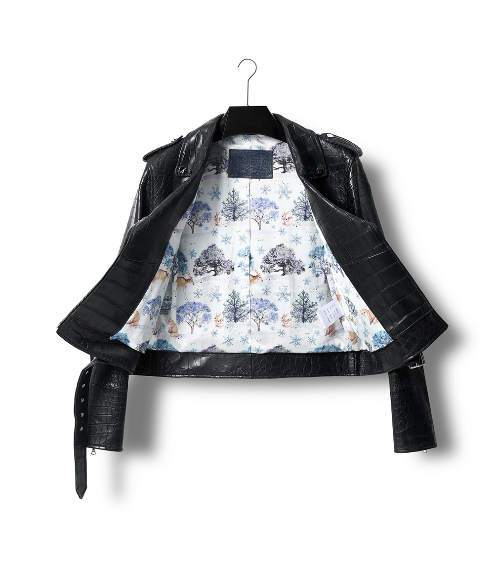 Womens Crocodile Leather BIiker Perfecto Jacket Black