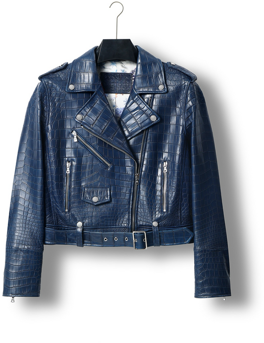Womens Crocodile Leather BIiker Perfecto Jacket Blue In Stock