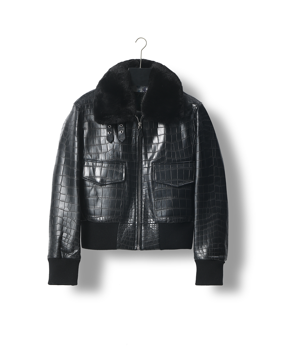 Unisex Crocodile Skin Leather Jacket With Removable Mint Fur Collar Biker Jackets