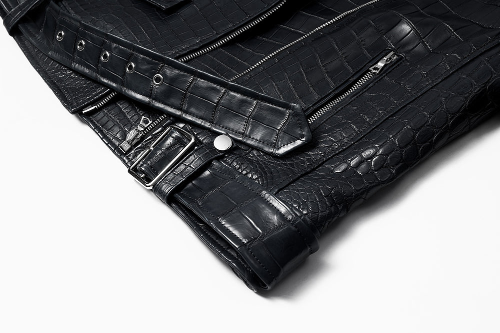 Womens Crocodile Leather BIiker Perfecto Jacket Black