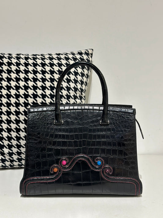 Crocodile Leather Top Handle Bag Black