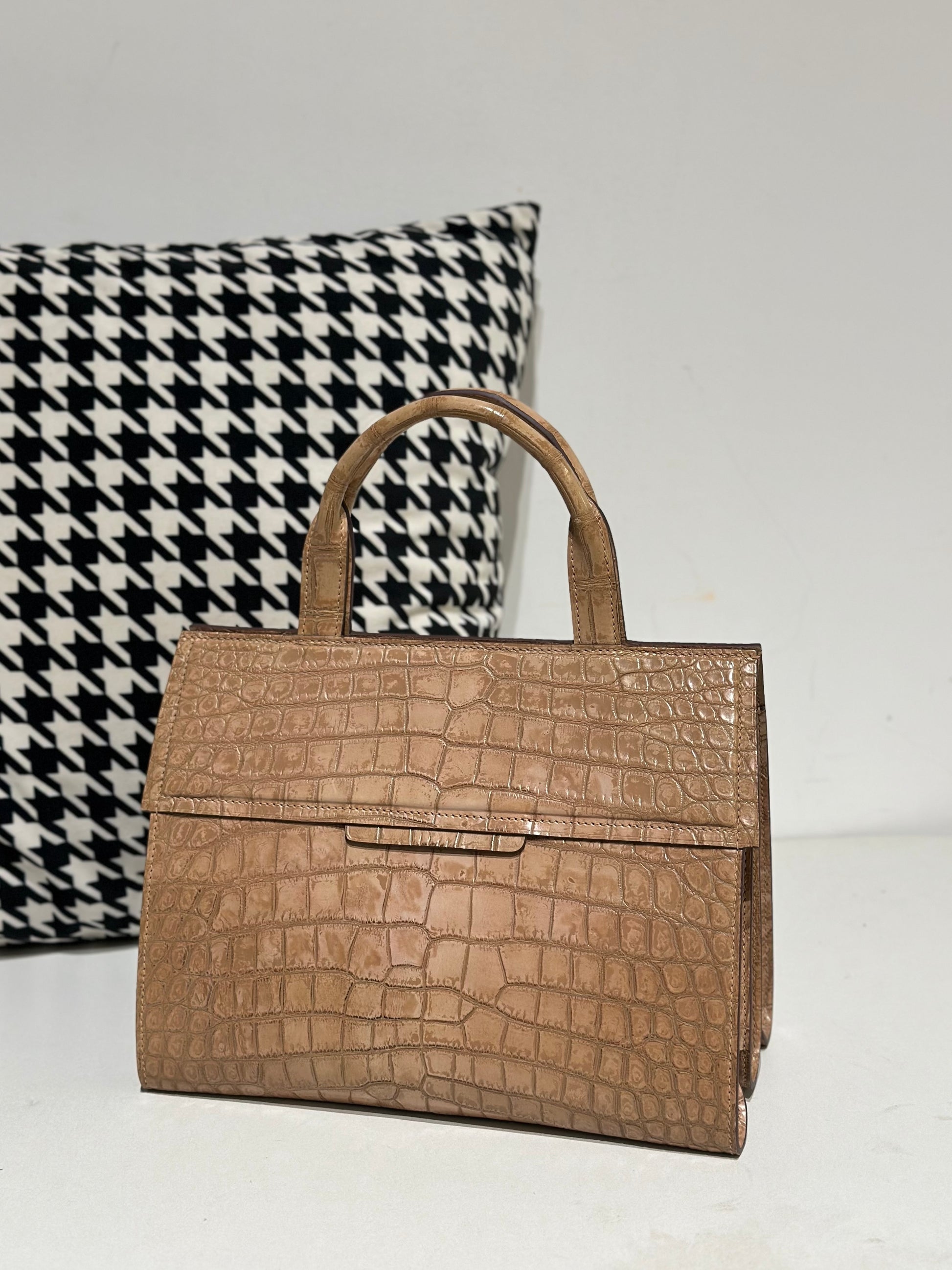 Crocodile Leather Top Handle Bag Beige