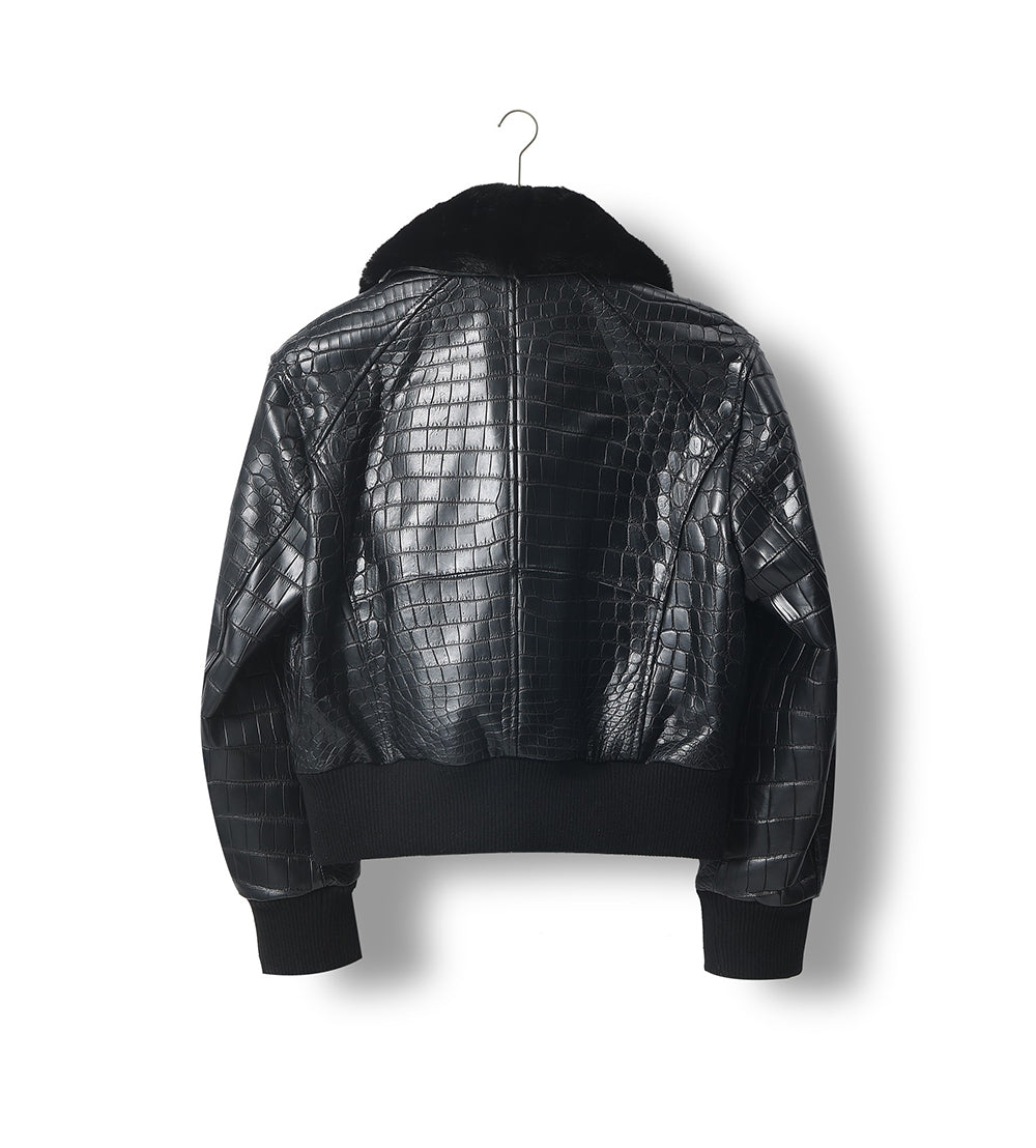 Unisex Crocodile Skin Leather Jacket With Removable Mint Fur Collar Biker Jackets