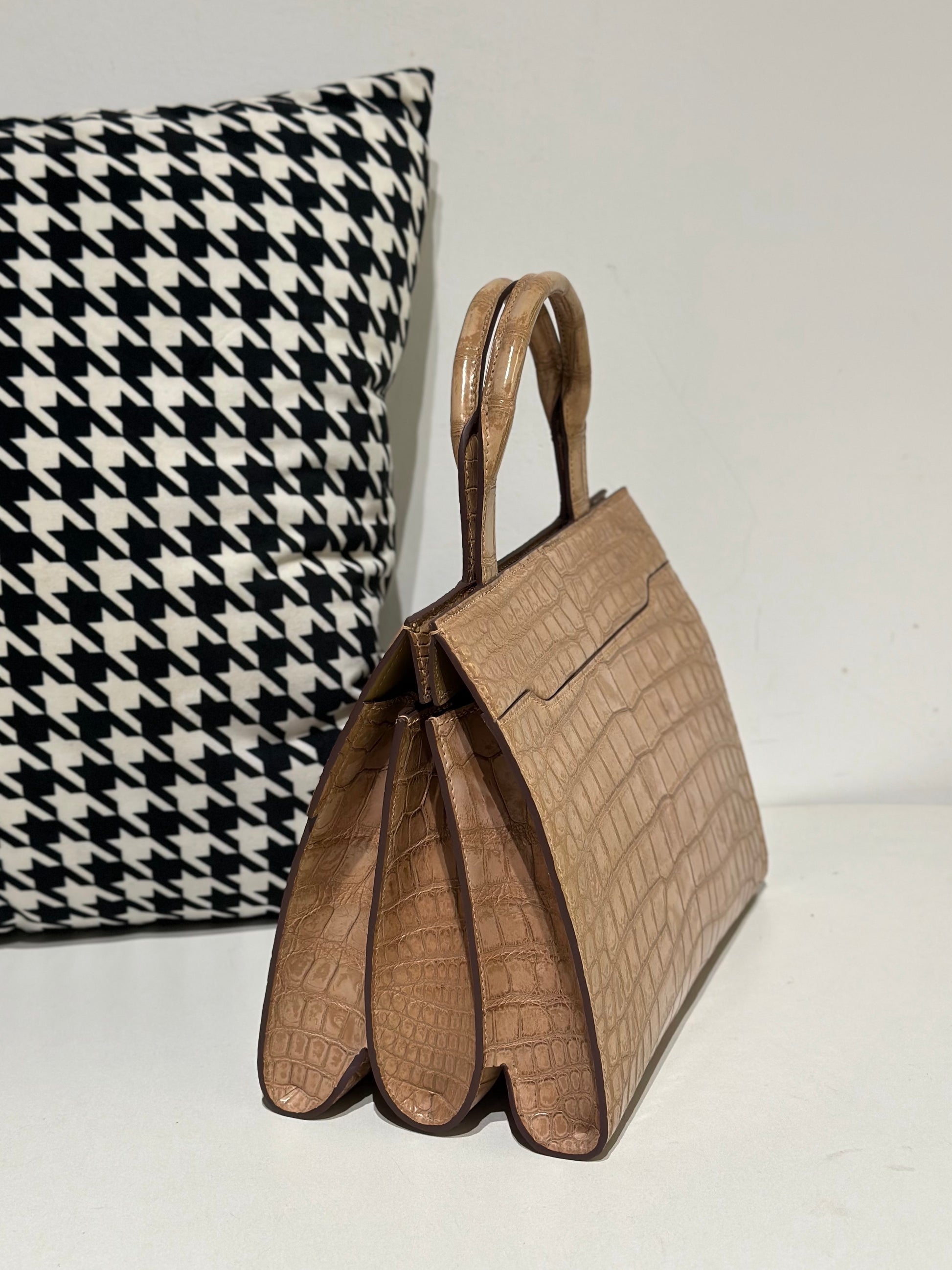 Crocodile Leather Top Handle Bag Beige