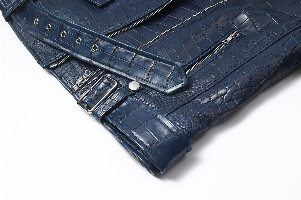 Womens Crocodile Leather BIiker Perfecto Jacket Blue