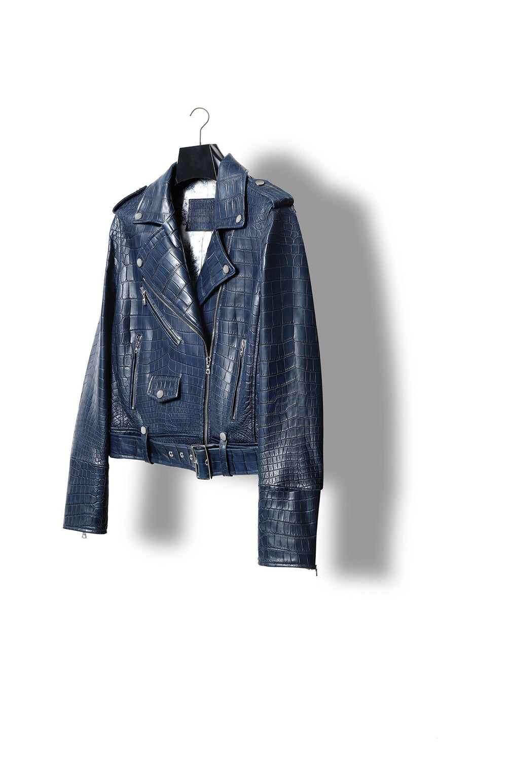 Womens Crocodile Leather BIiker Perfecto Jacket Blue