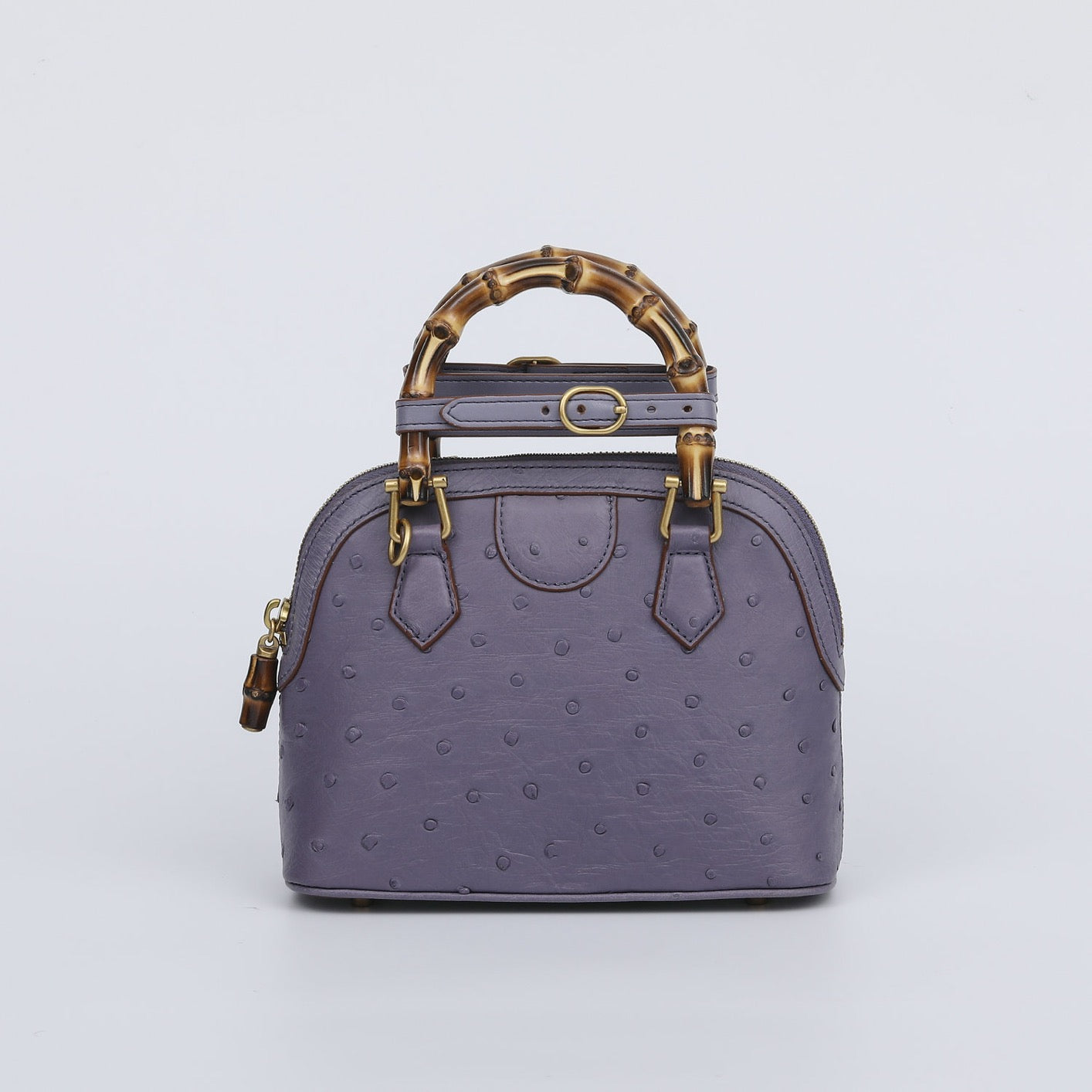 Ostrich Leather Mini Shell Bag Bamboo Handle Top Handle Cross Body Handbag