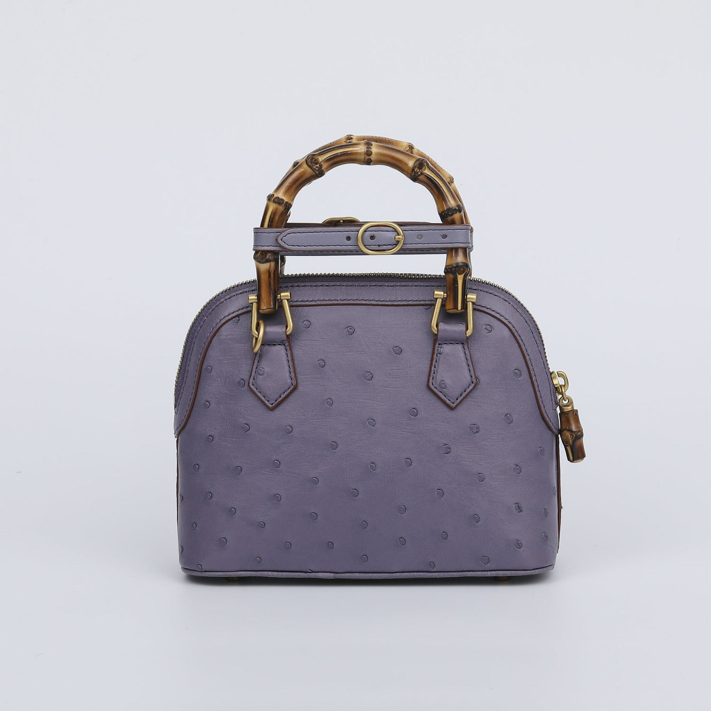 Ostrich Leather Mini Shell Bag Bamboo Handle Top Handle Cross Body Handbag