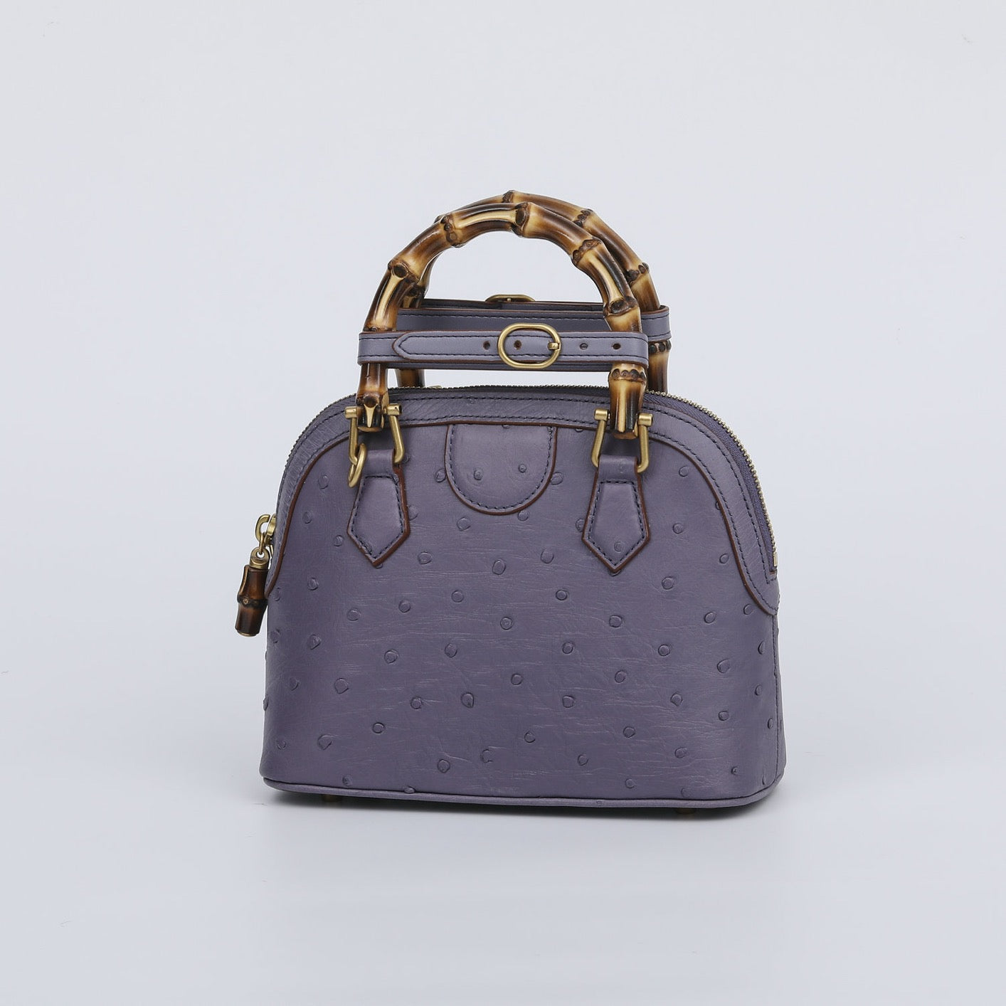 Ostrich Leather Mini Shell Bag Bamboo Handle Top Handle Cross Body Handbag