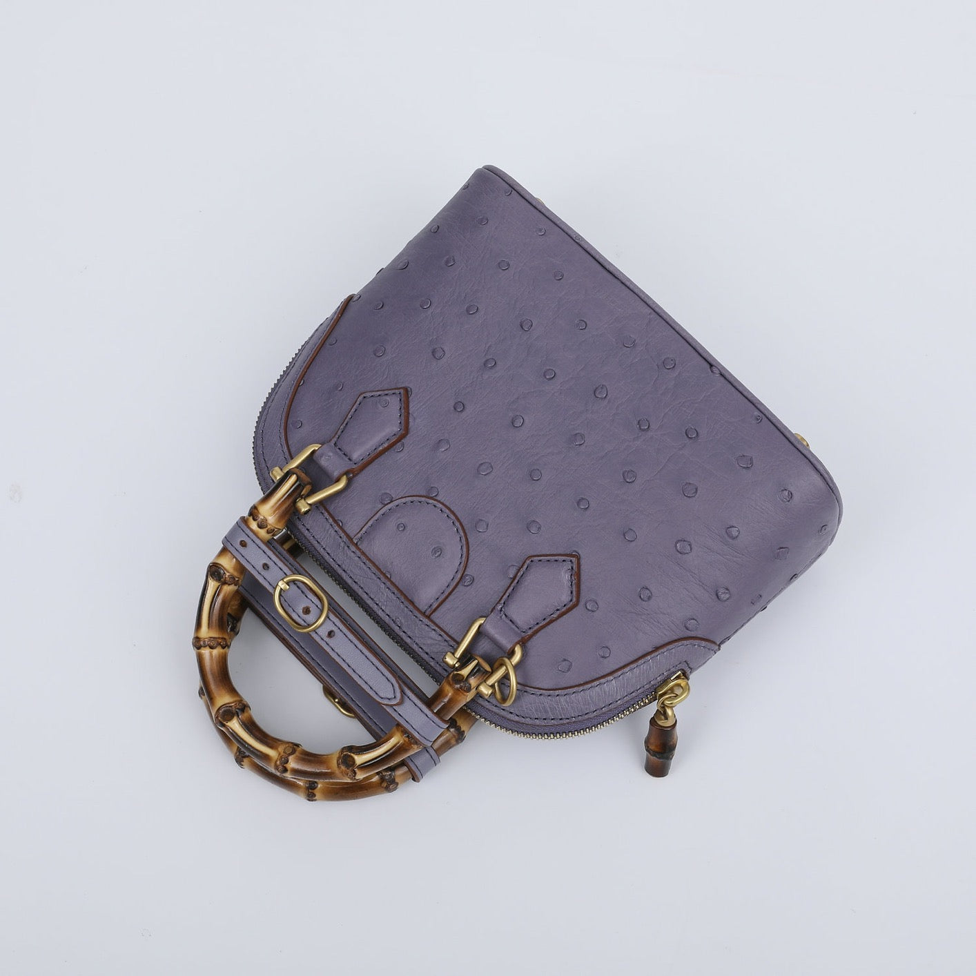 Ostrich Leather Mini Shell Bag Bamboo Handle Top Handle Cross Body Handbag