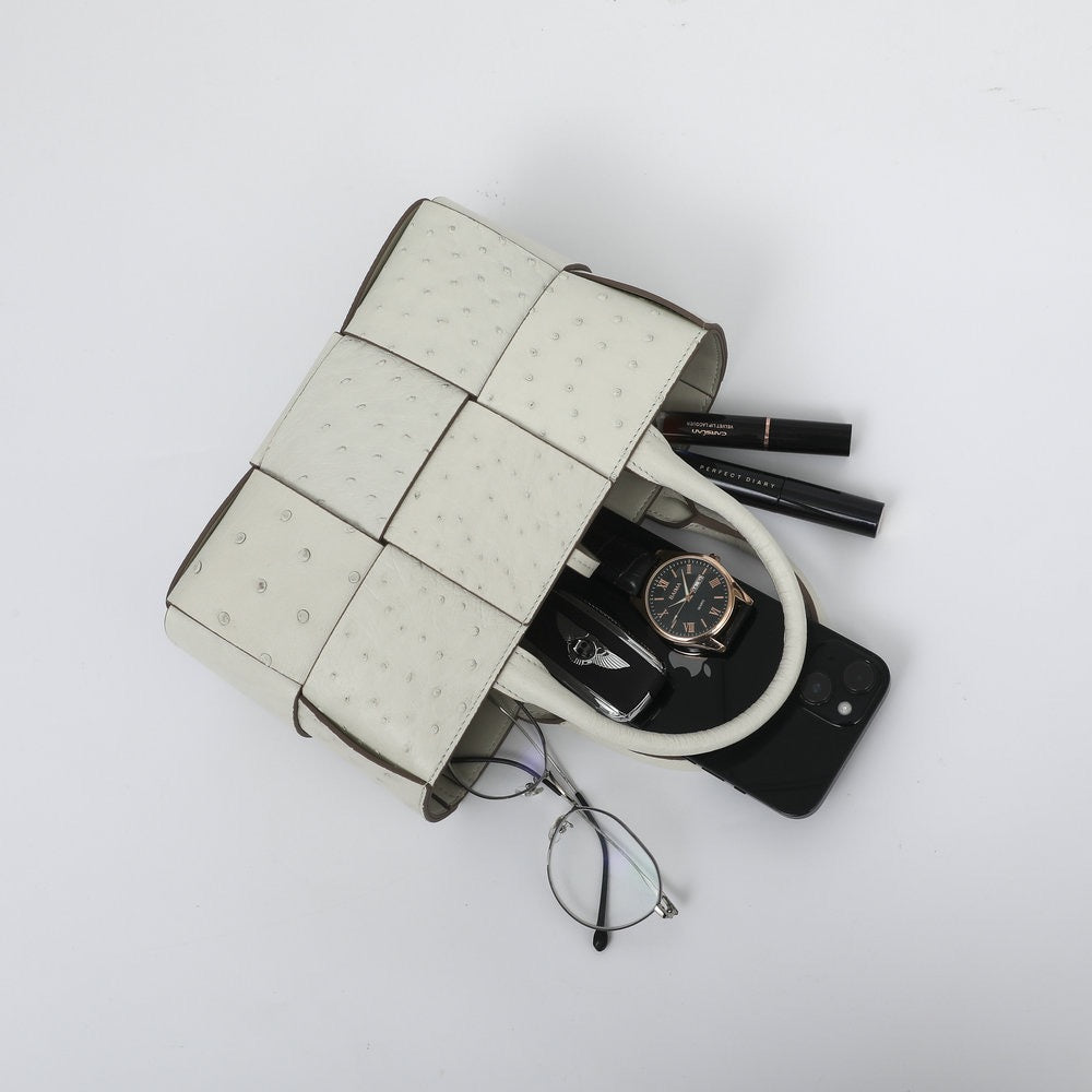 Genuine Ostrich Leather Mini Woven Satchel Top Handle Bag