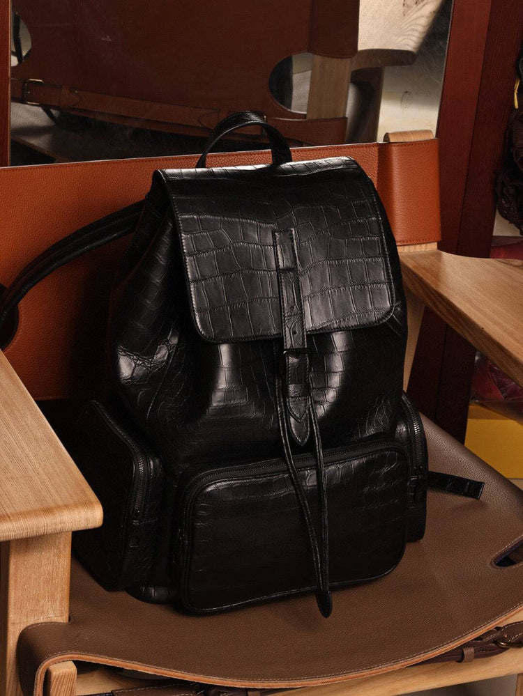 croc skin leather backpack Unisex Black Crocodile Leather Backpack