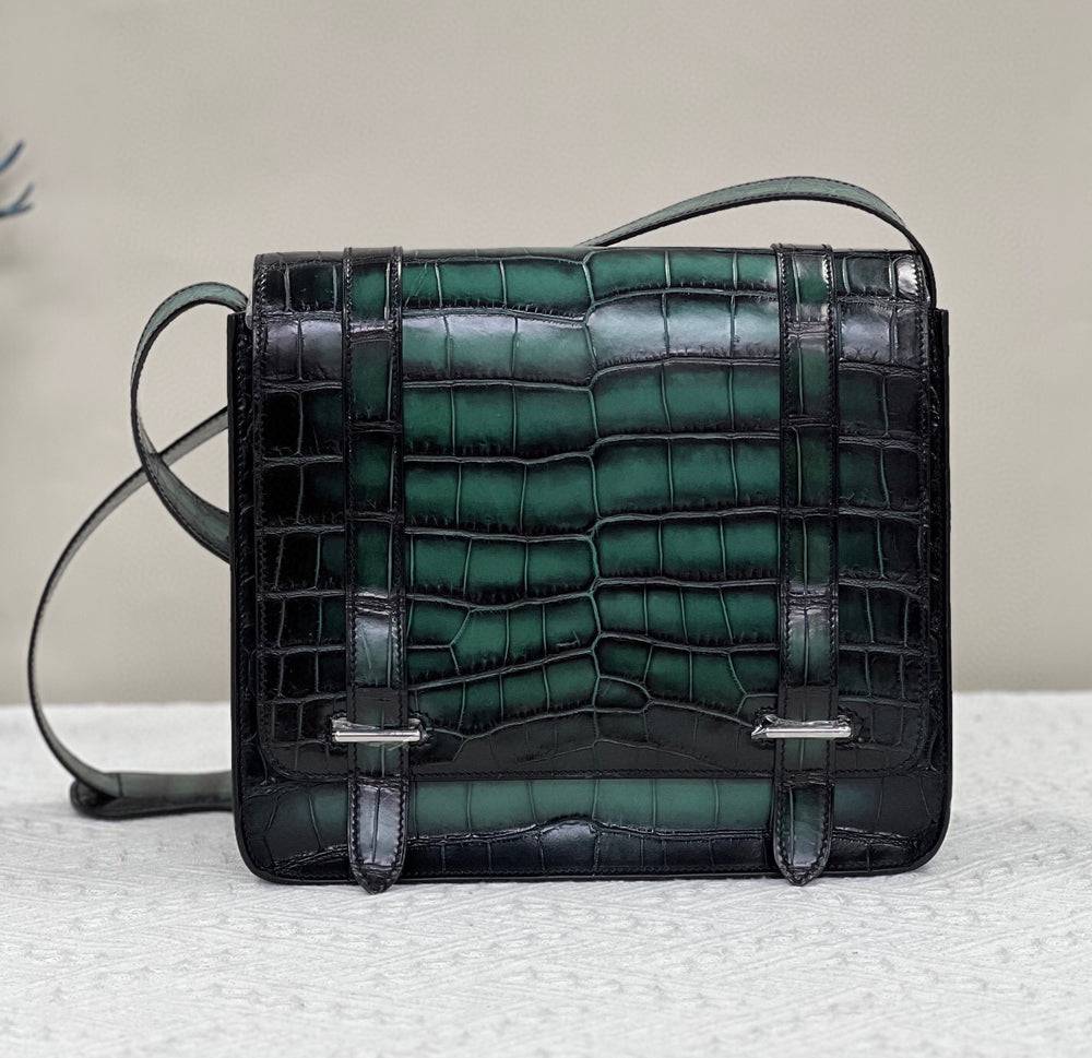 Men's Vintage Green Crocodile Leather Messenger Postman Cross Body  Bag