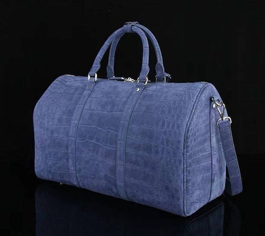 Men's Nubuck Crocodile Leather Large Travel Duffle Bag Dark Blue