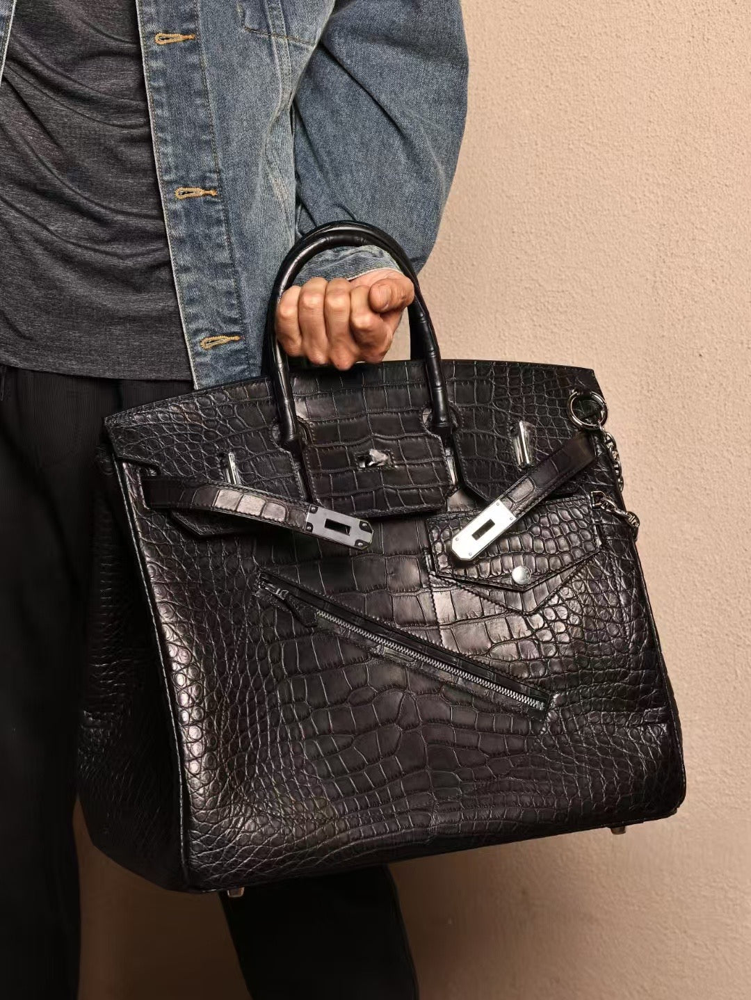 Men's Crocodile Leather Large Top Handle Bag Black