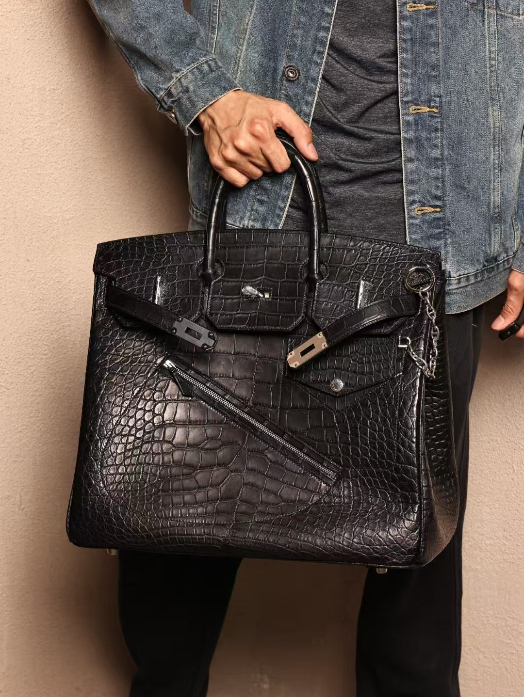 Men's Crocodile Leather Large Top Handle Bag Black