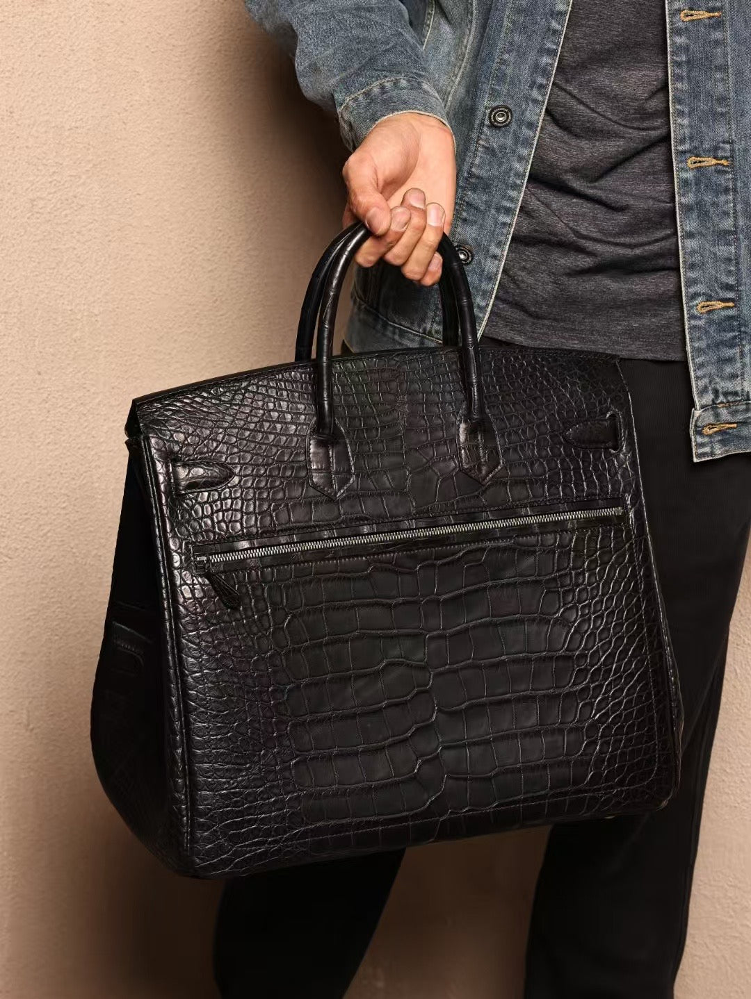 Men's Crocodile Leather Large Top Handle Bag Black