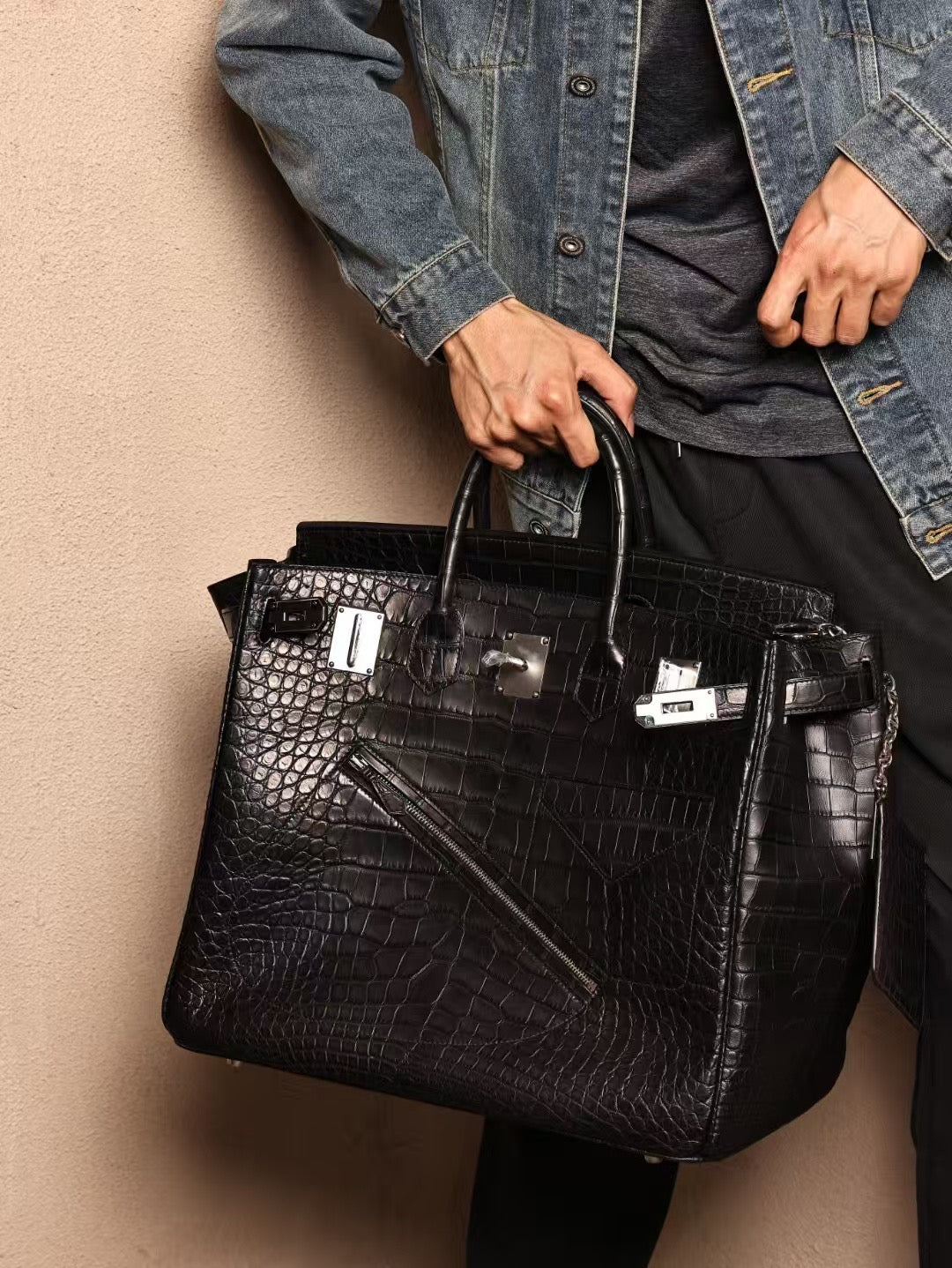 Men's Crocodile Leather Large Top Handle Bag Black