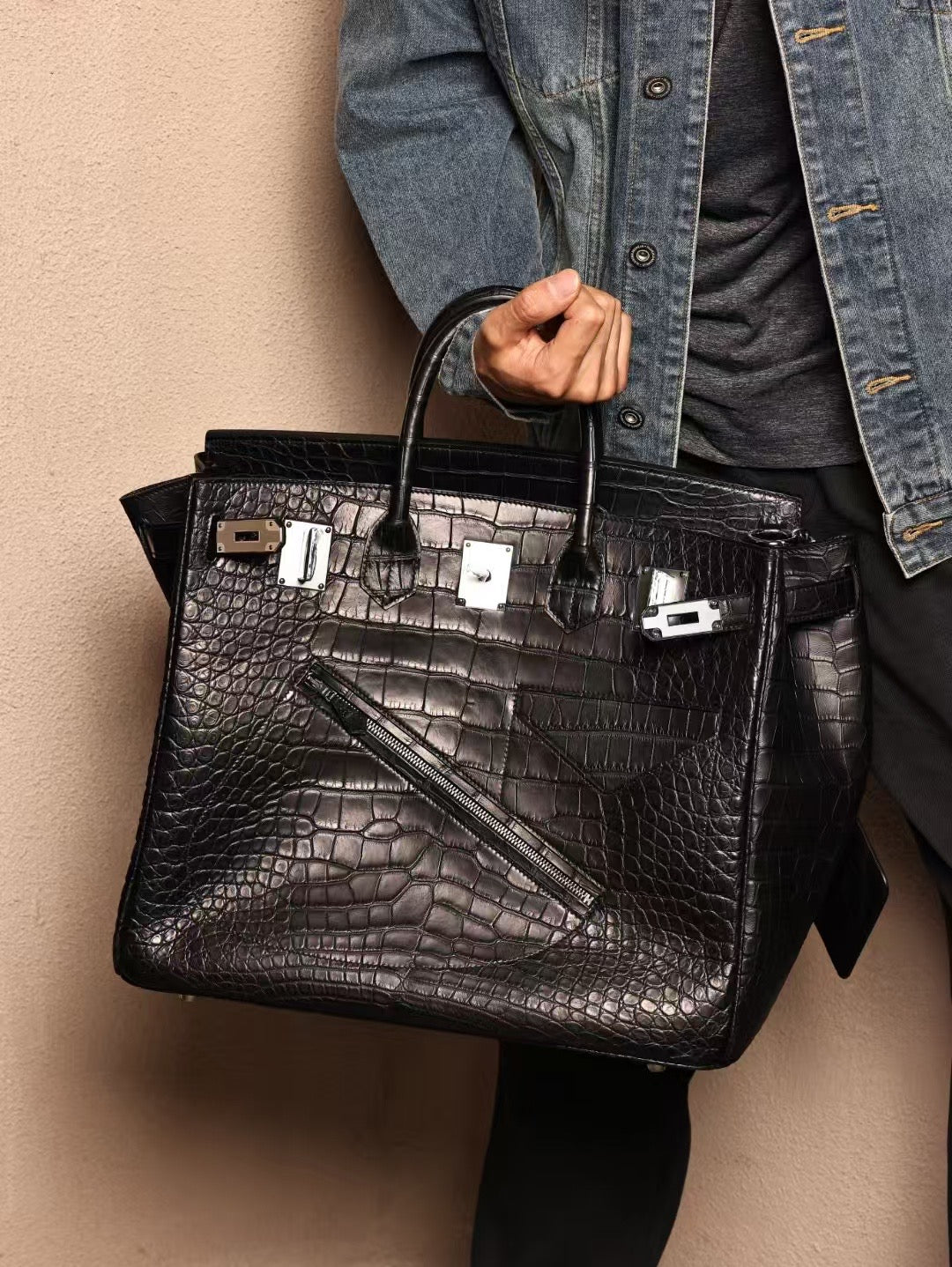 Men's Crocodile Leather Large Top Handle Bag Black