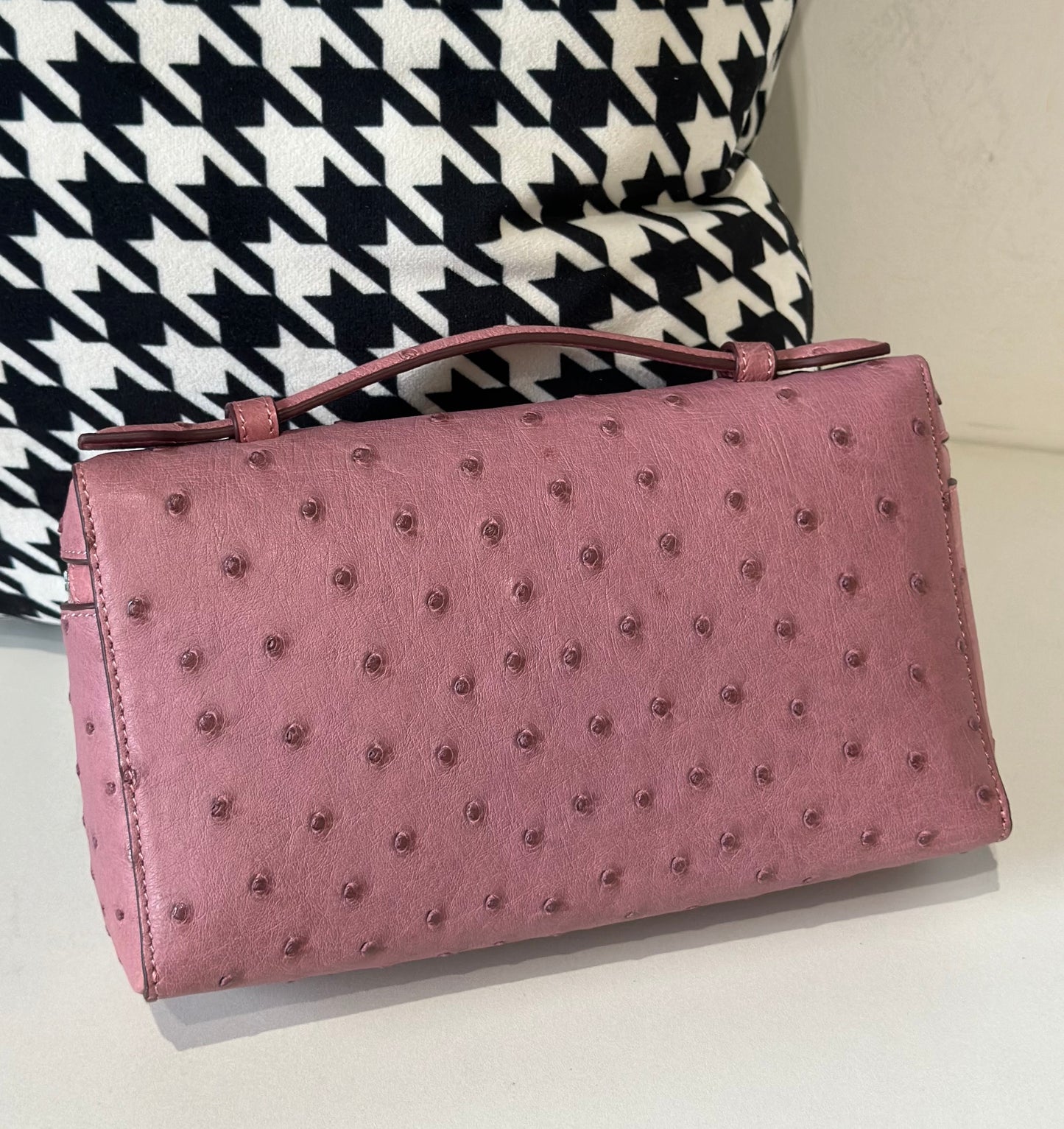 Genuine Ostrich Skin Leather Zipper Cosmetic Handle Bag