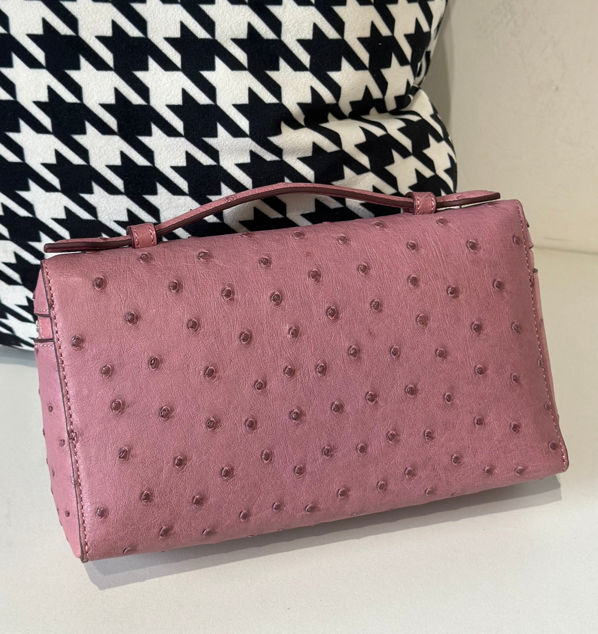 Genuine Ostrich Skin Leather Zipper Cosmetic Handle Bag