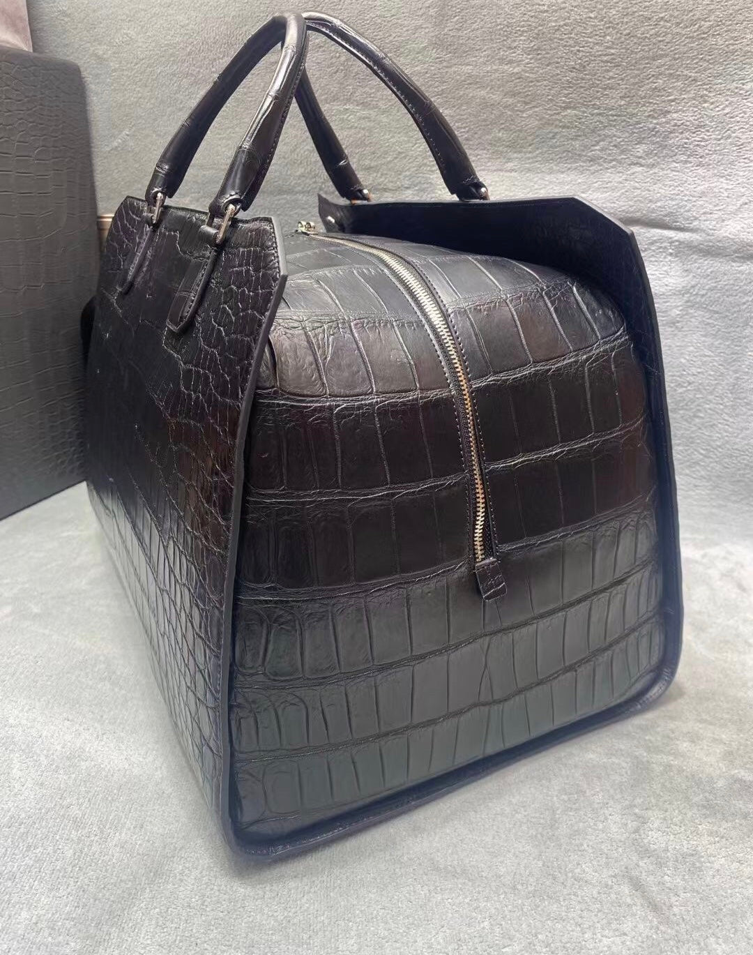 Crocodile Skin Leather Travel Duffle Bag Matt Black
