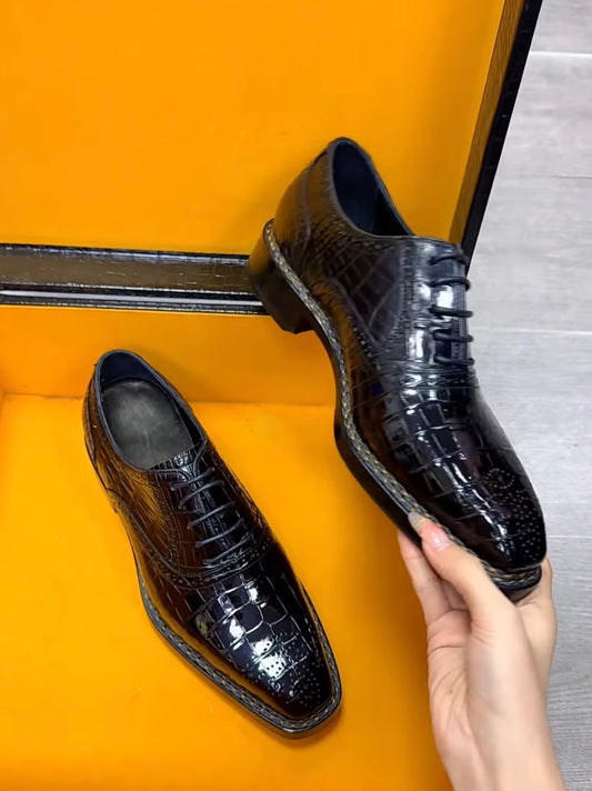 Crocodile Shoes, Men's Black Crocodile Leather Norwegian Sewn Lace Up Shoes