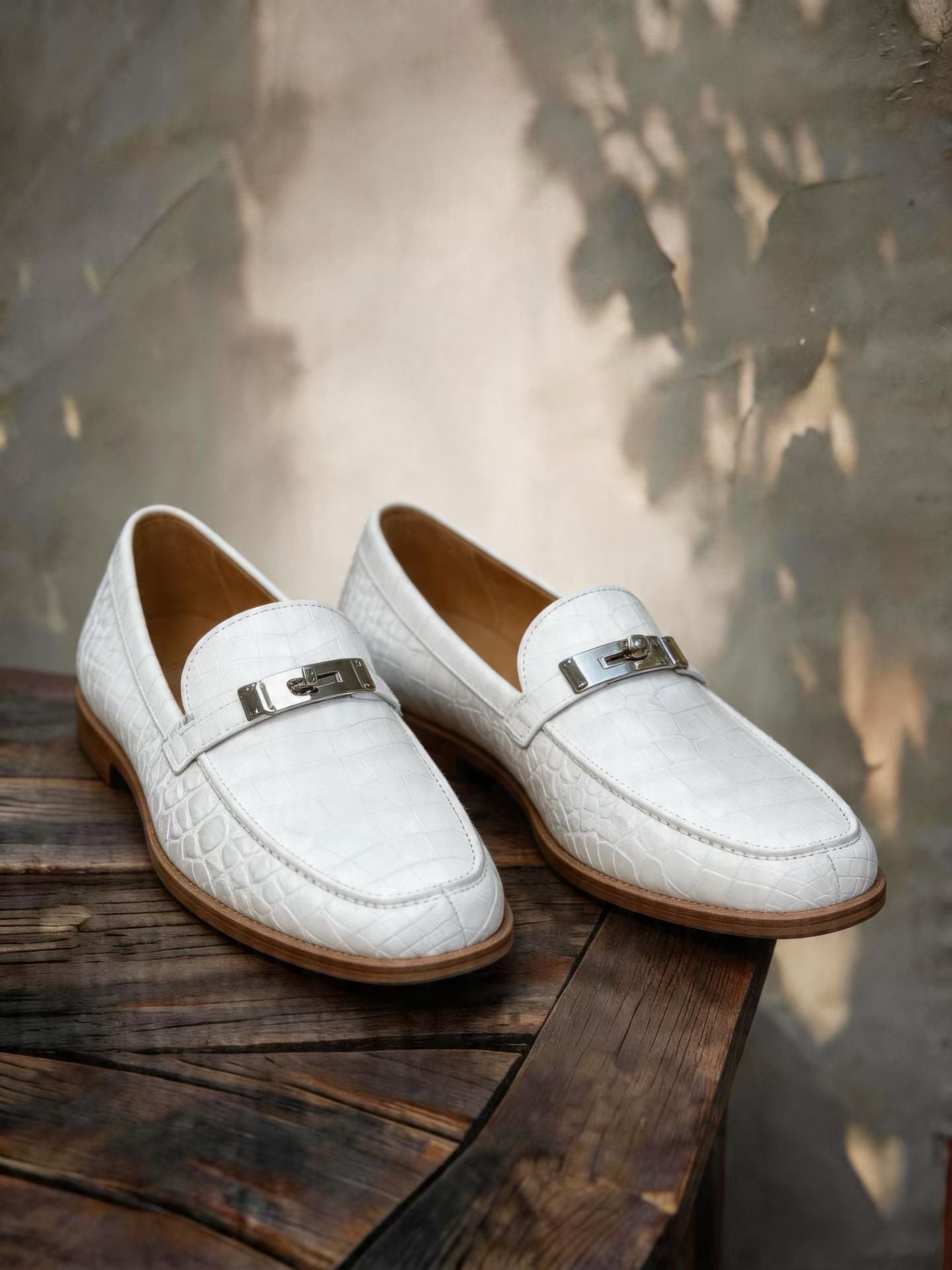 Crocodile Shoes, Himalayan White Genuine Crocodile Leather Buckle Loafer Shoes