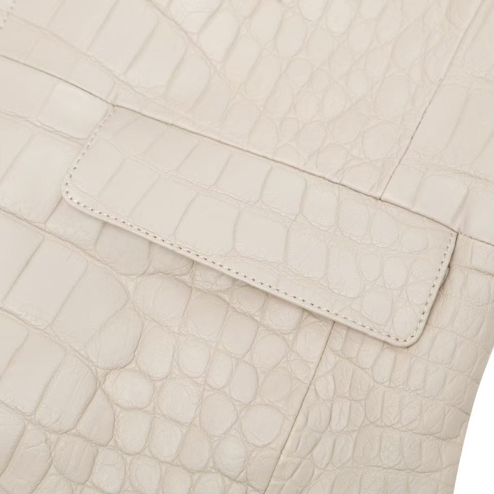 Men's White Crocodile Leather Long Coat