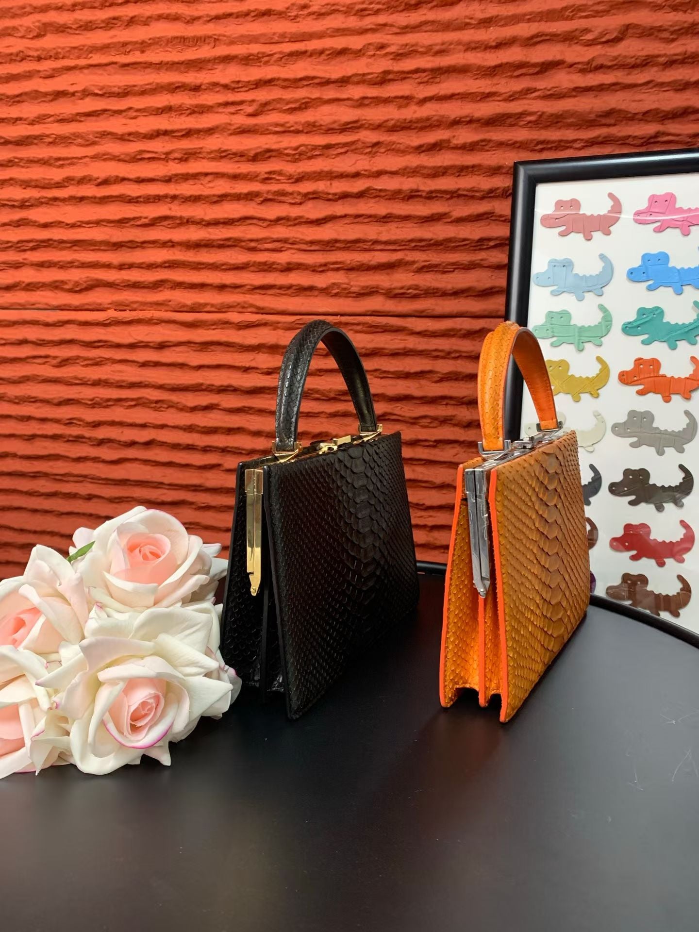 Genuine Python Leather Top Handle Bag