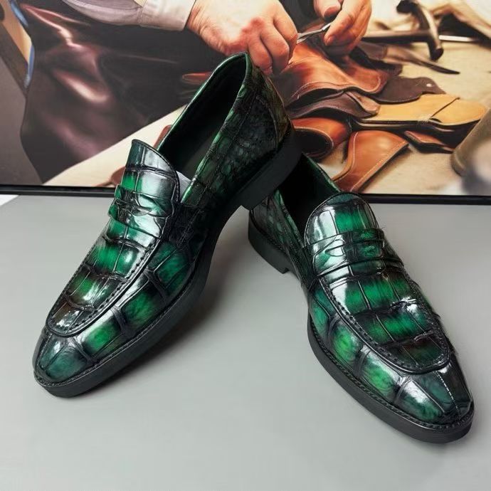 Crocodile Leather Loafer Shoes Vintage Green