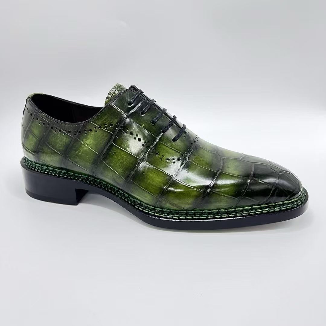 Crocodile Shoes, Men's Vintage Green Crocodile Leather Norwegian Sewn Lace Up Shoes