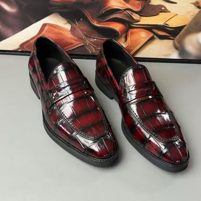 Crocodile Leather Loafer Shoes Vintage Red