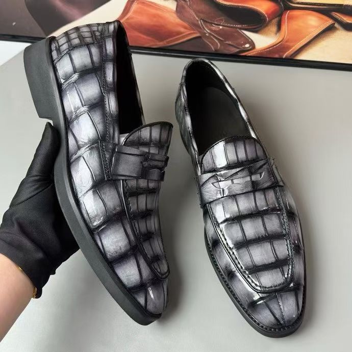 Crocodile Leather Loafer Shoes Vintage Grey