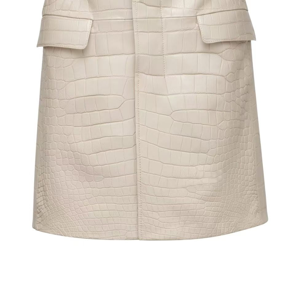 Men's White Crocodile Leather Long Coat